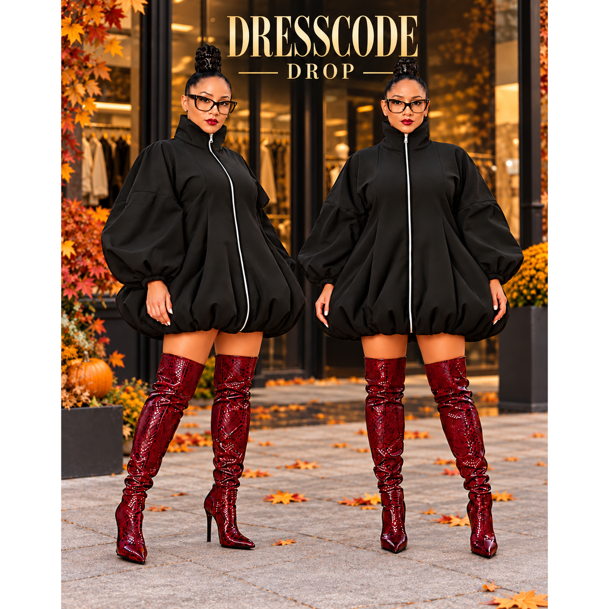 Black zip-front bubble jacket available for same-day delivery