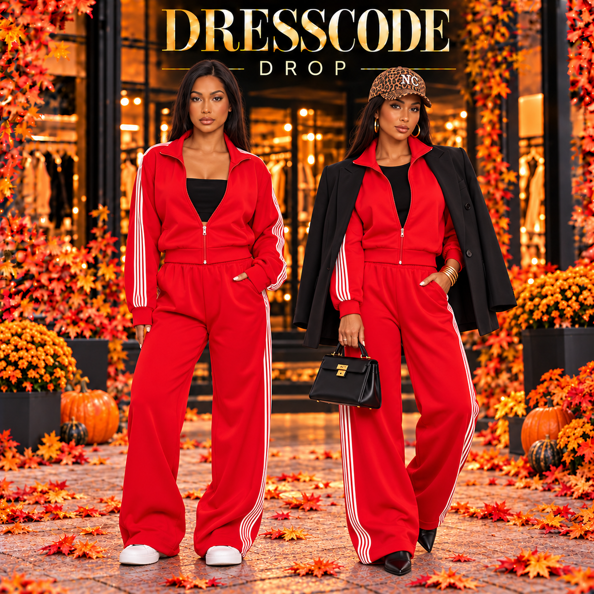 Black Striped 2pc Track Suit with zip-up jacket and wide-leg track pants, styled two ways