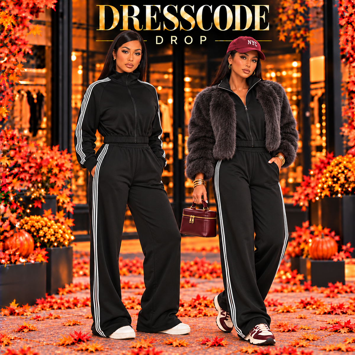 Red Striped 2pc Track Suit with white side stripes, styled two ways