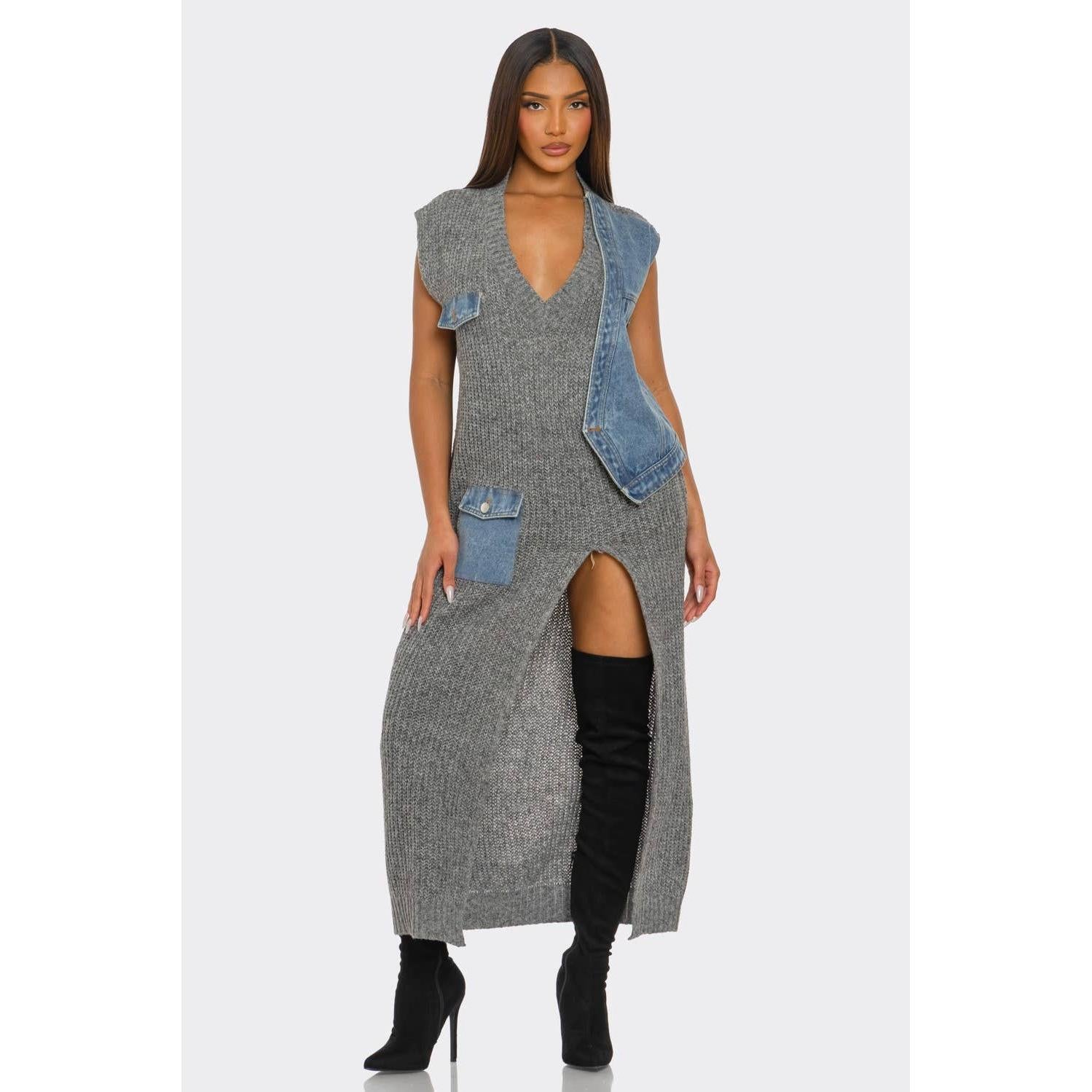 Grey Knit Maxi Dress with Denim Patchwork & Slit