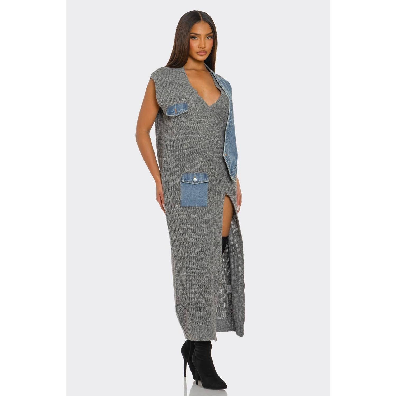Grey Knit Maxi Dress with Denim Patchwork & Slit