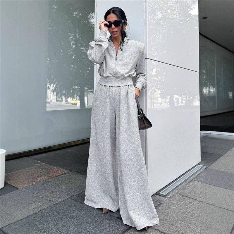 Grey Shoulder Pad Sweatshirt Wide Leg Pants Set