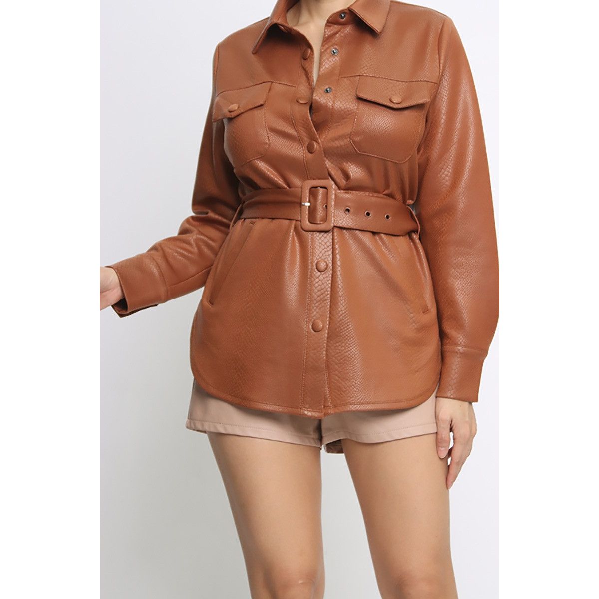 Faux Leather Jacket W/ Waist Tie