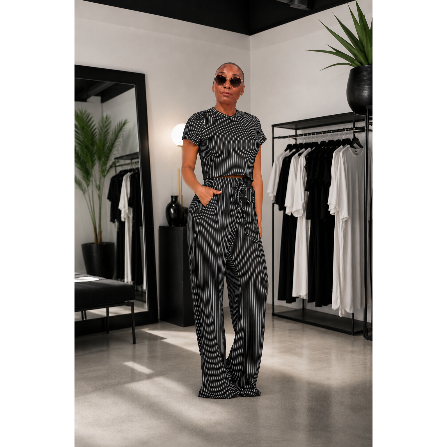 Crinkled Crop Top Drawstring Pants Set
