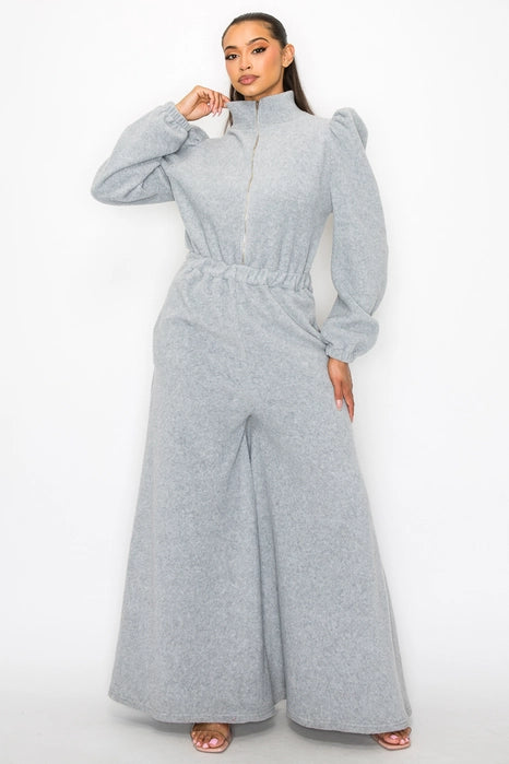 Wide Leg Elastic Waist Front Zip Jumpsuit