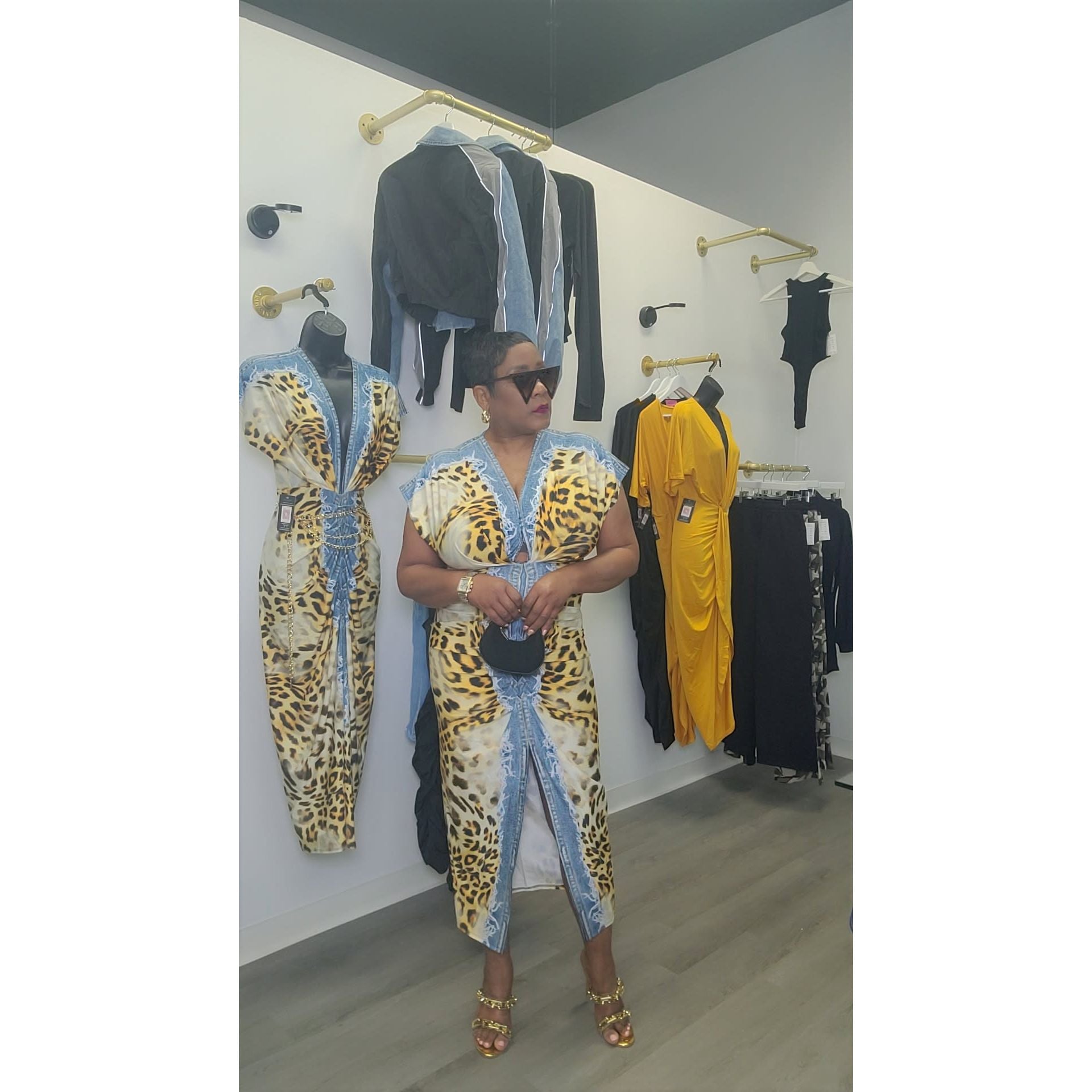 Leopard and Denim Midi Stretch Dress