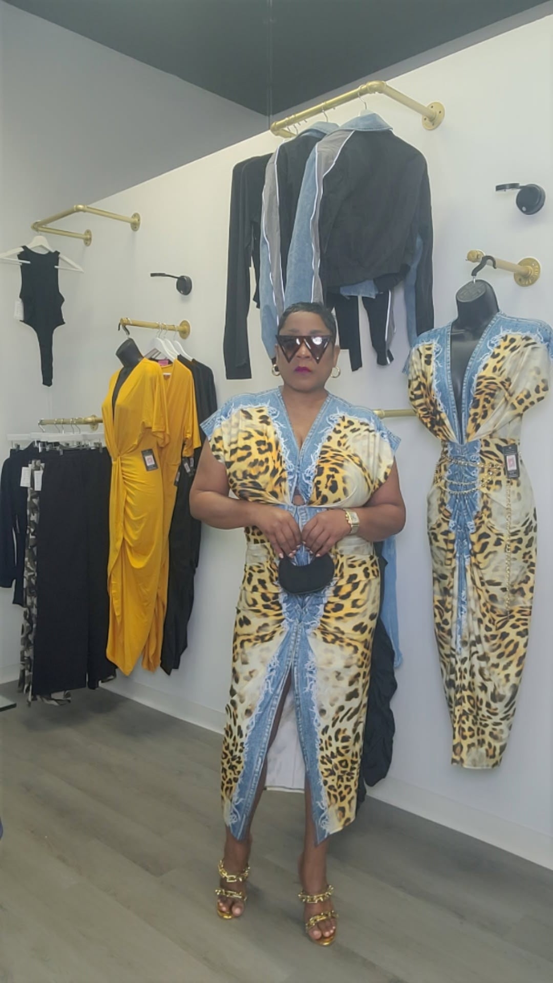 Leopard and Denim Midi Stretch Dress