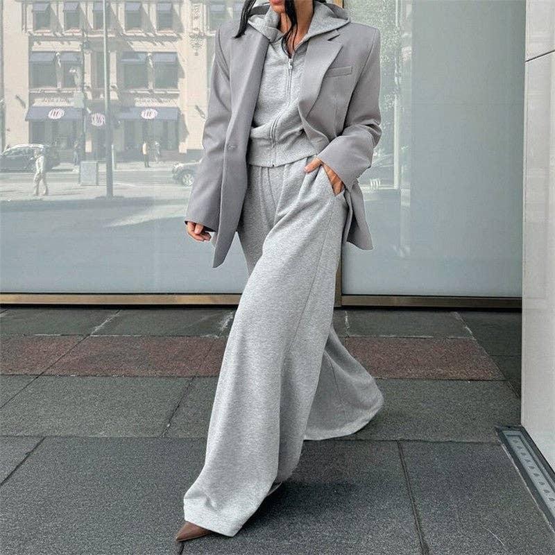 Grey Shoulder Pad Sweatshirt Wide Leg Pants Set