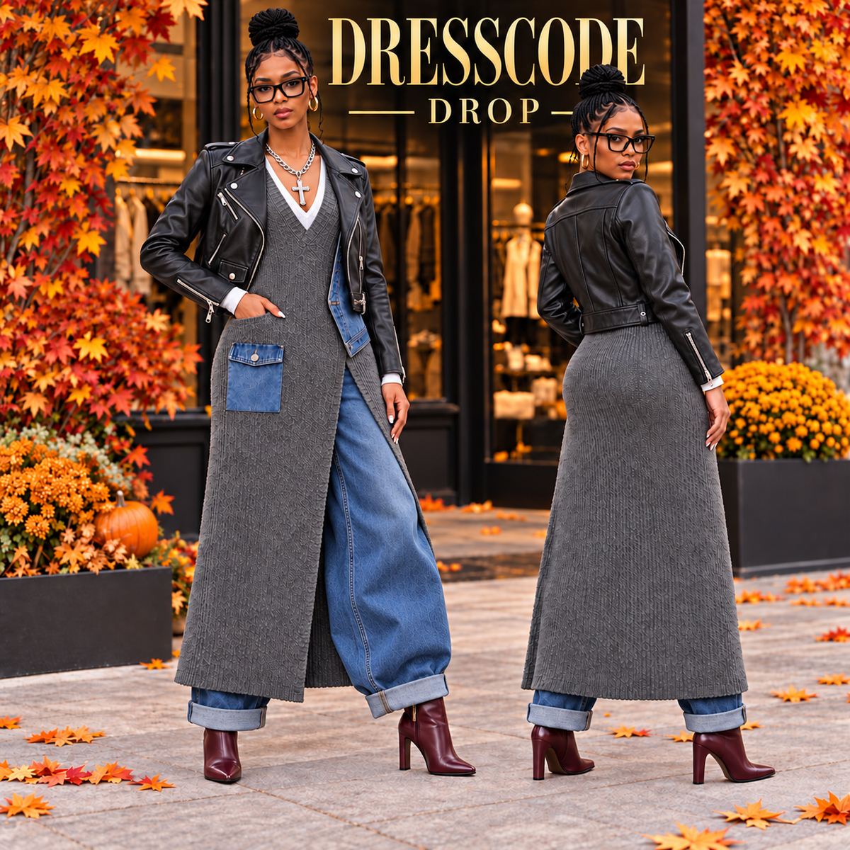 Grey Sweater Maxi Dress with Denim Patchwork & Slit