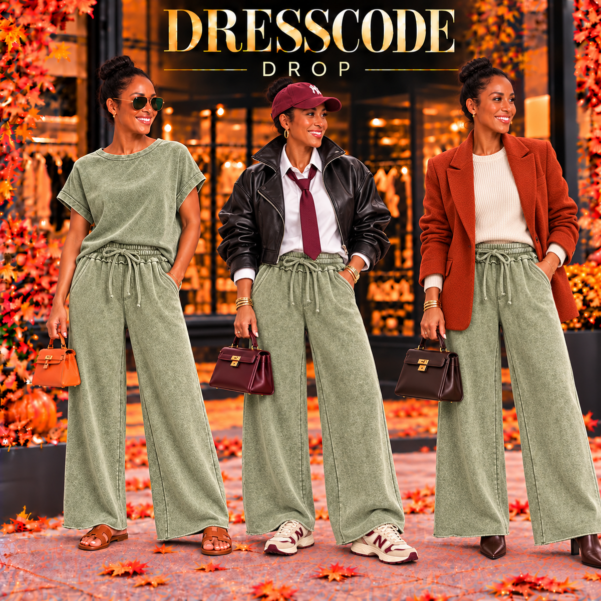 Mineral wash wide-leg sweatpants styled with sneakers, heels and sandals