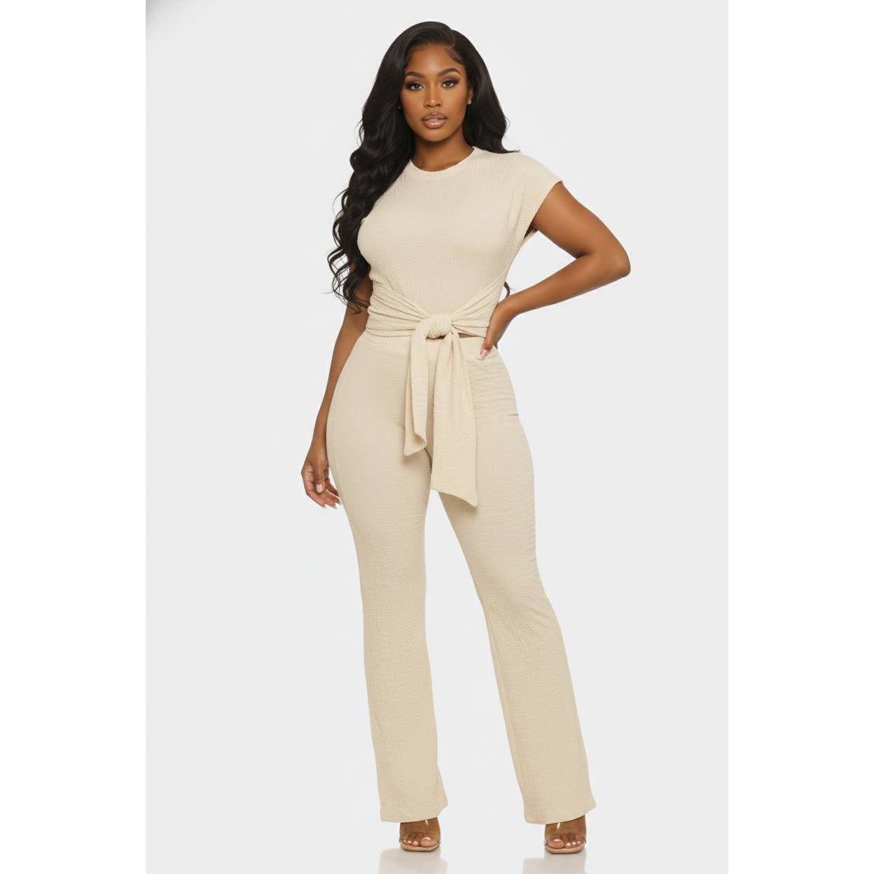 Textured Top & Wide Leg Pant Set with Belt