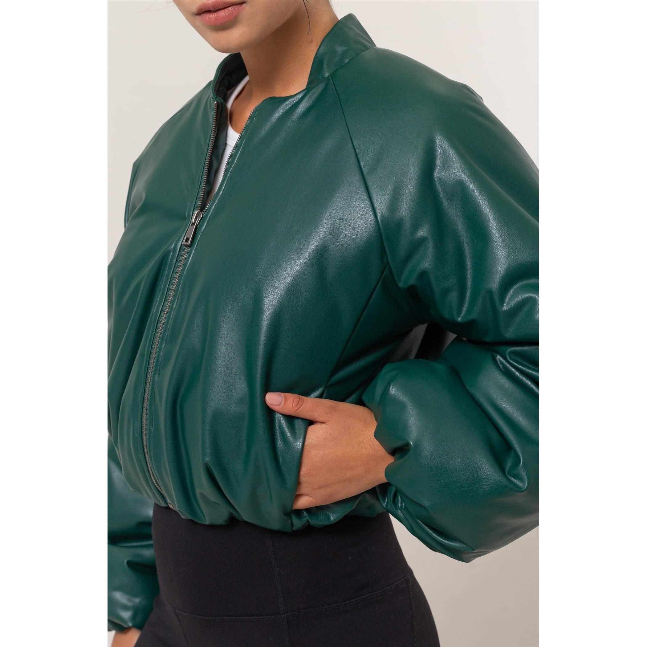 Leather Puffer Bomber Jacket