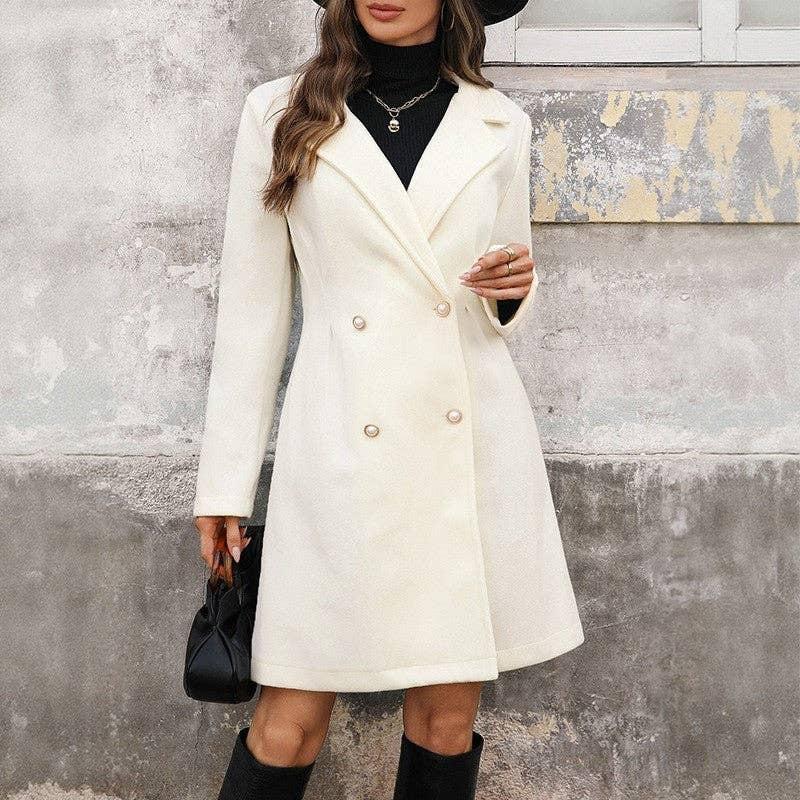 Mid Long Pearl Button Solid Wool Coat