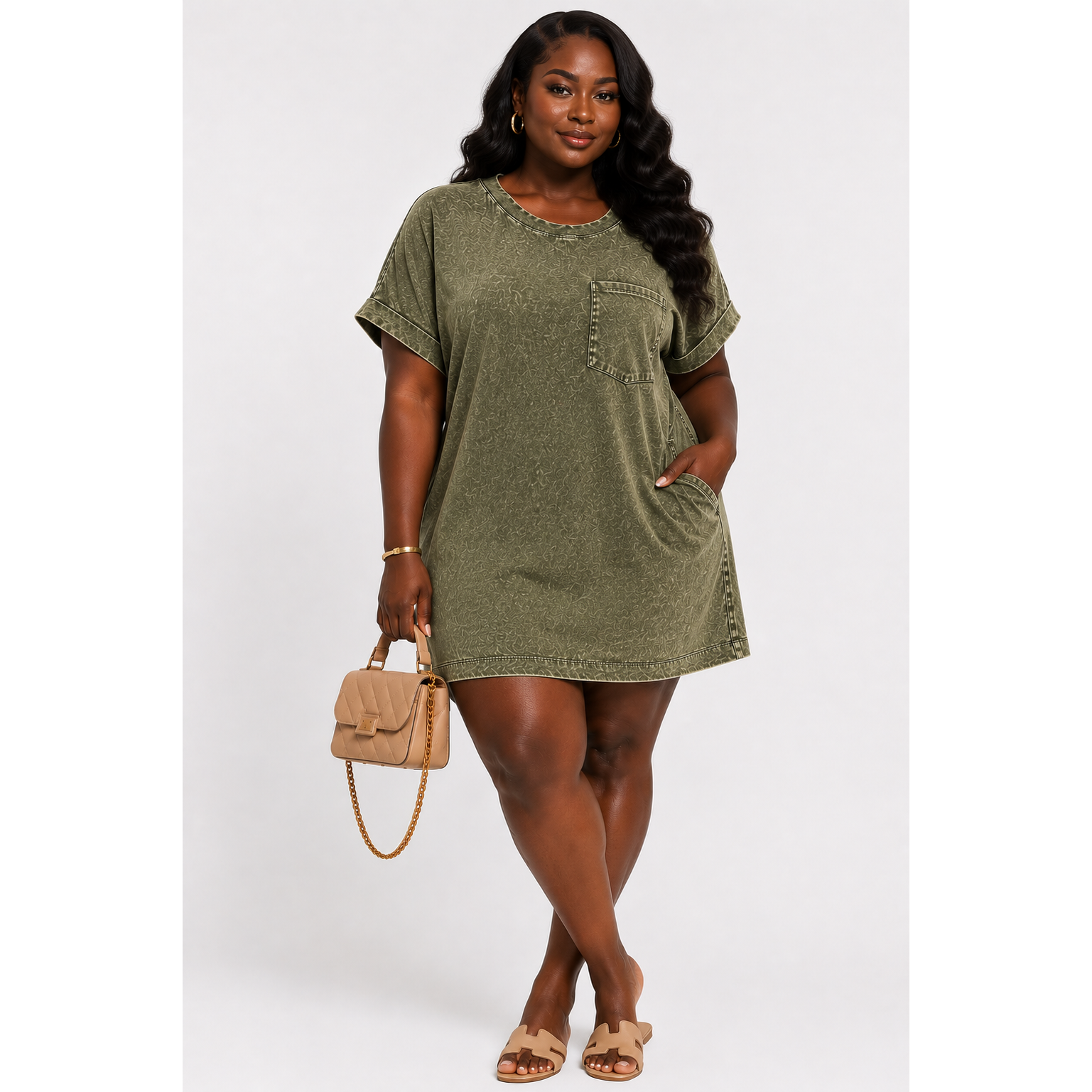 Soft Comfort Mineral Wash T-Shirt Dress Beige / Large