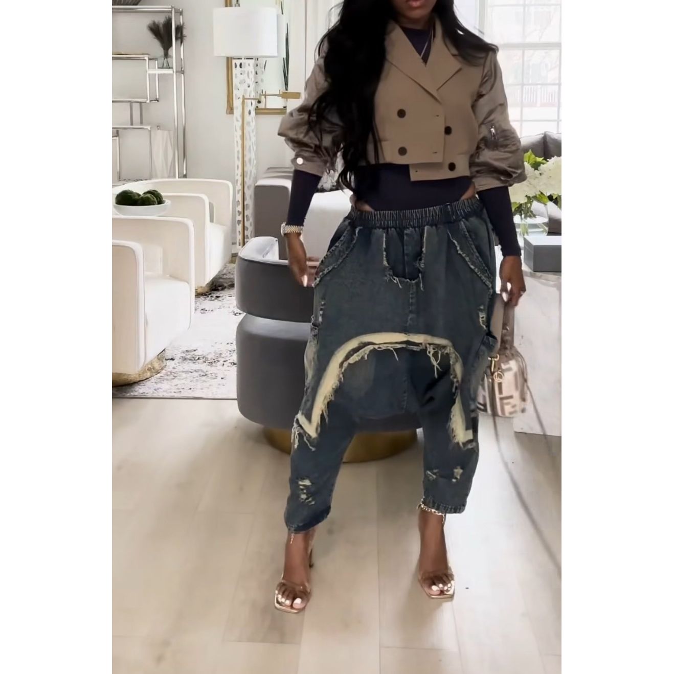 Distressed Drop-Crotch Harem Denim Jeans