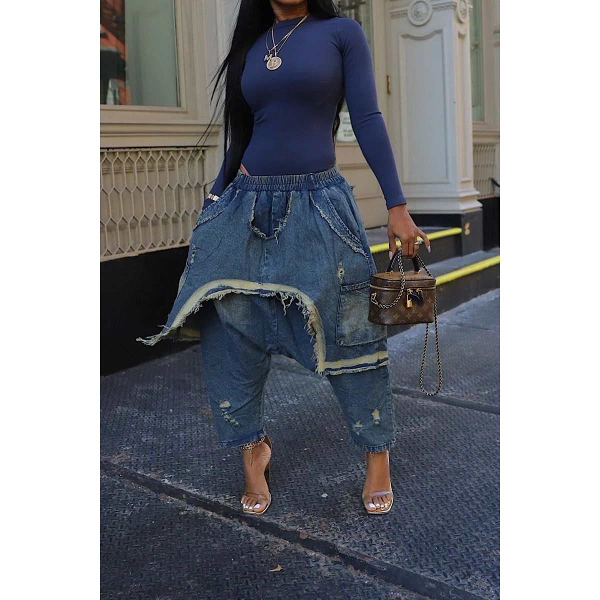 Distressed Drop-Crotch Harem Denim Jeans
