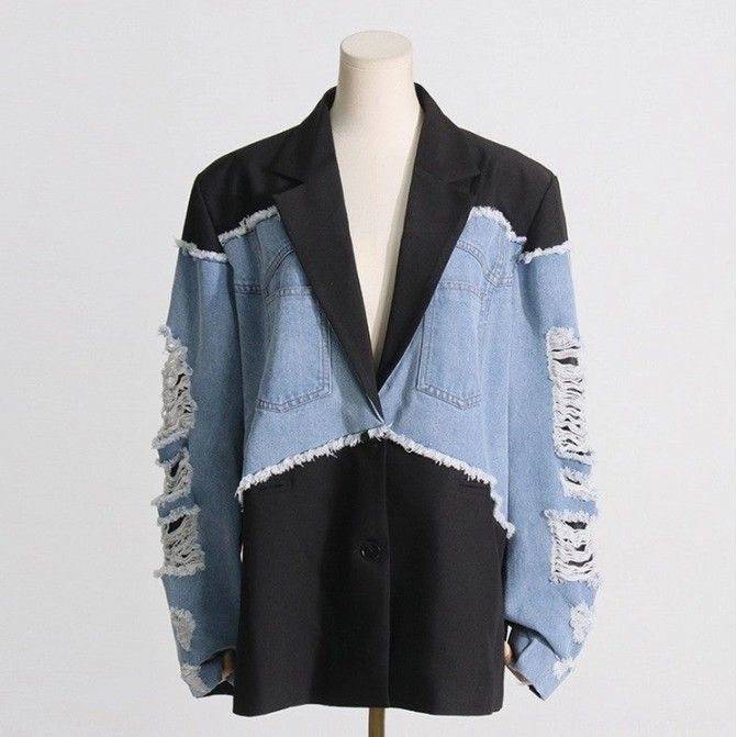 Black Blazer with Distressed Denim Patchwork