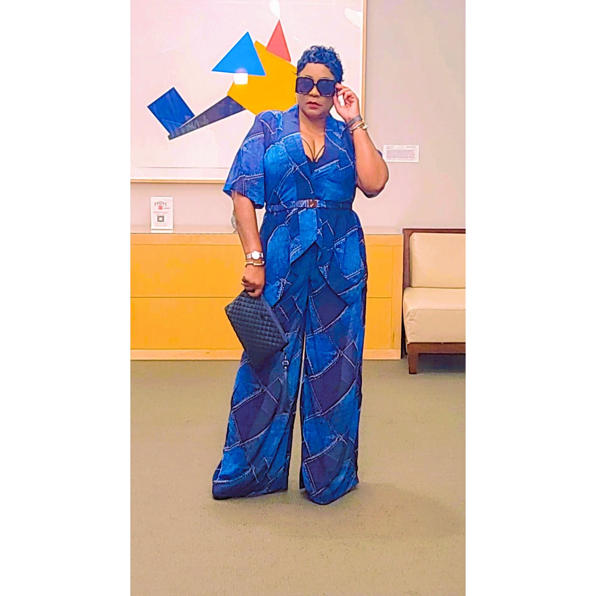 Denim Patchwork Wide-Leg Pant Set