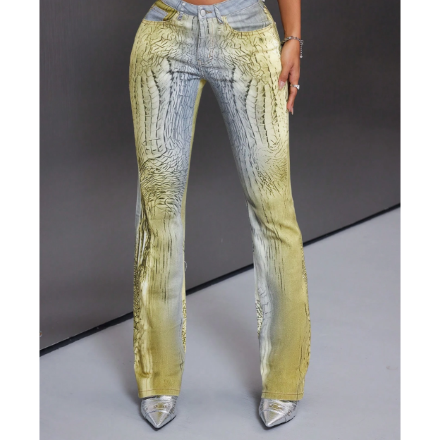 Yellow Ombre Snake Print Flare Jeans