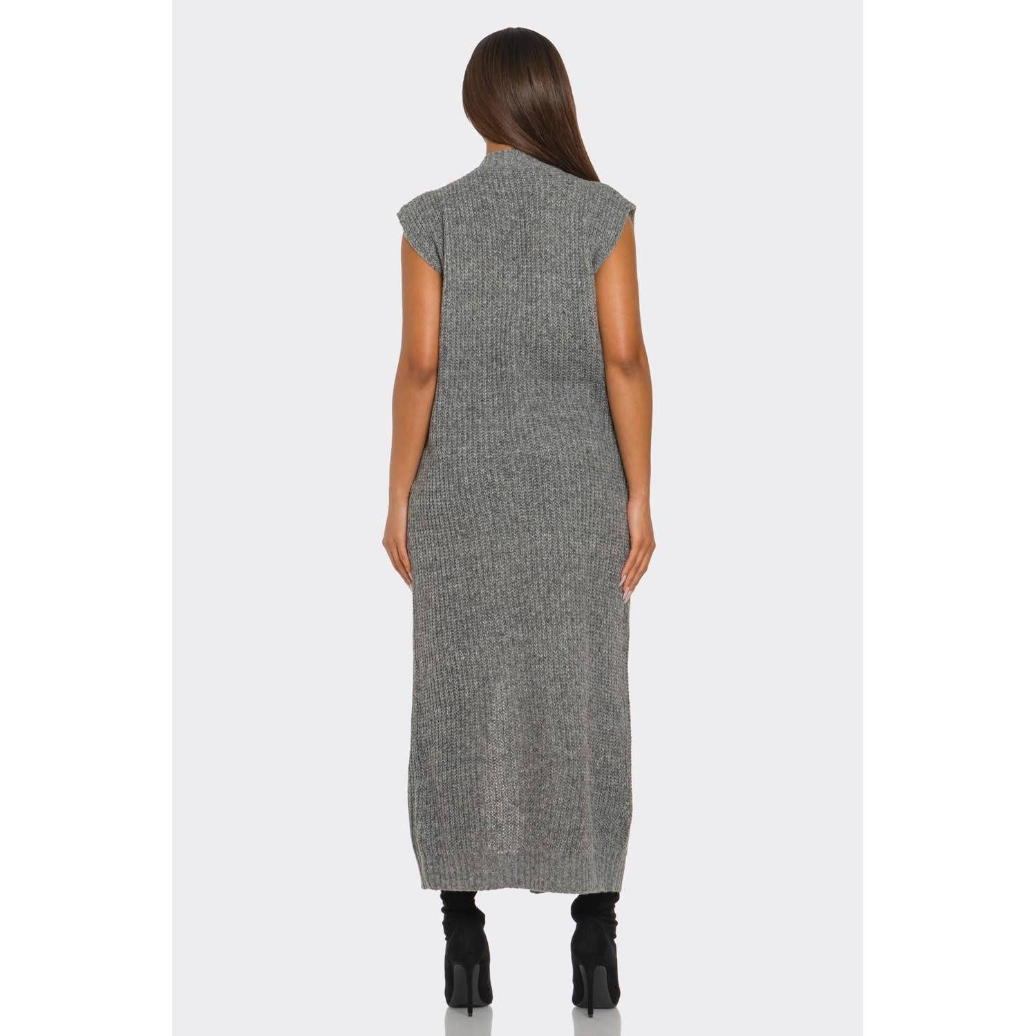 Grey Knit Maxi Dress with Denim Patchwork & Slit
