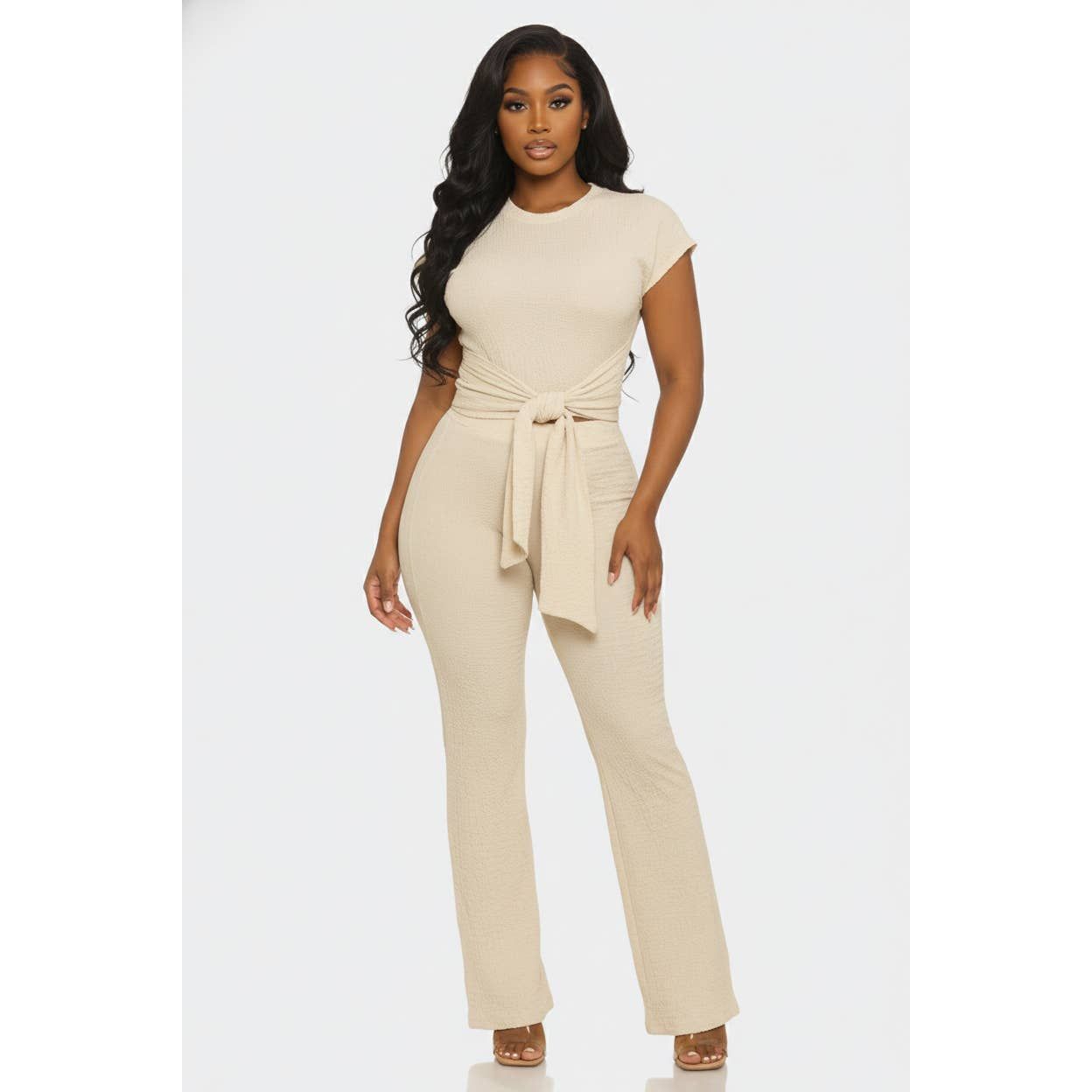 Textured Top & Wide Leg Pant Set with Belt