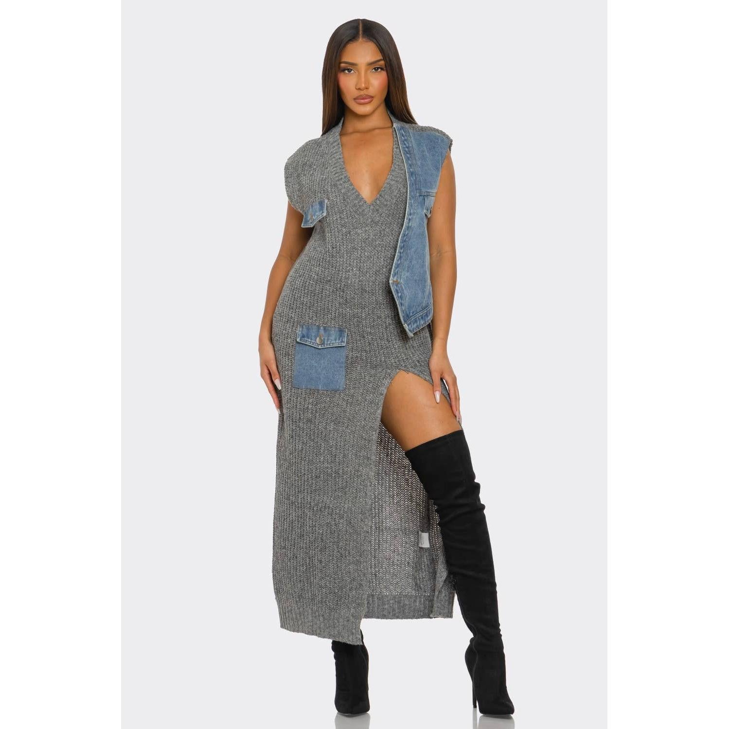 Grey Knit Maxi Dress with Denim Patchwork & Slit