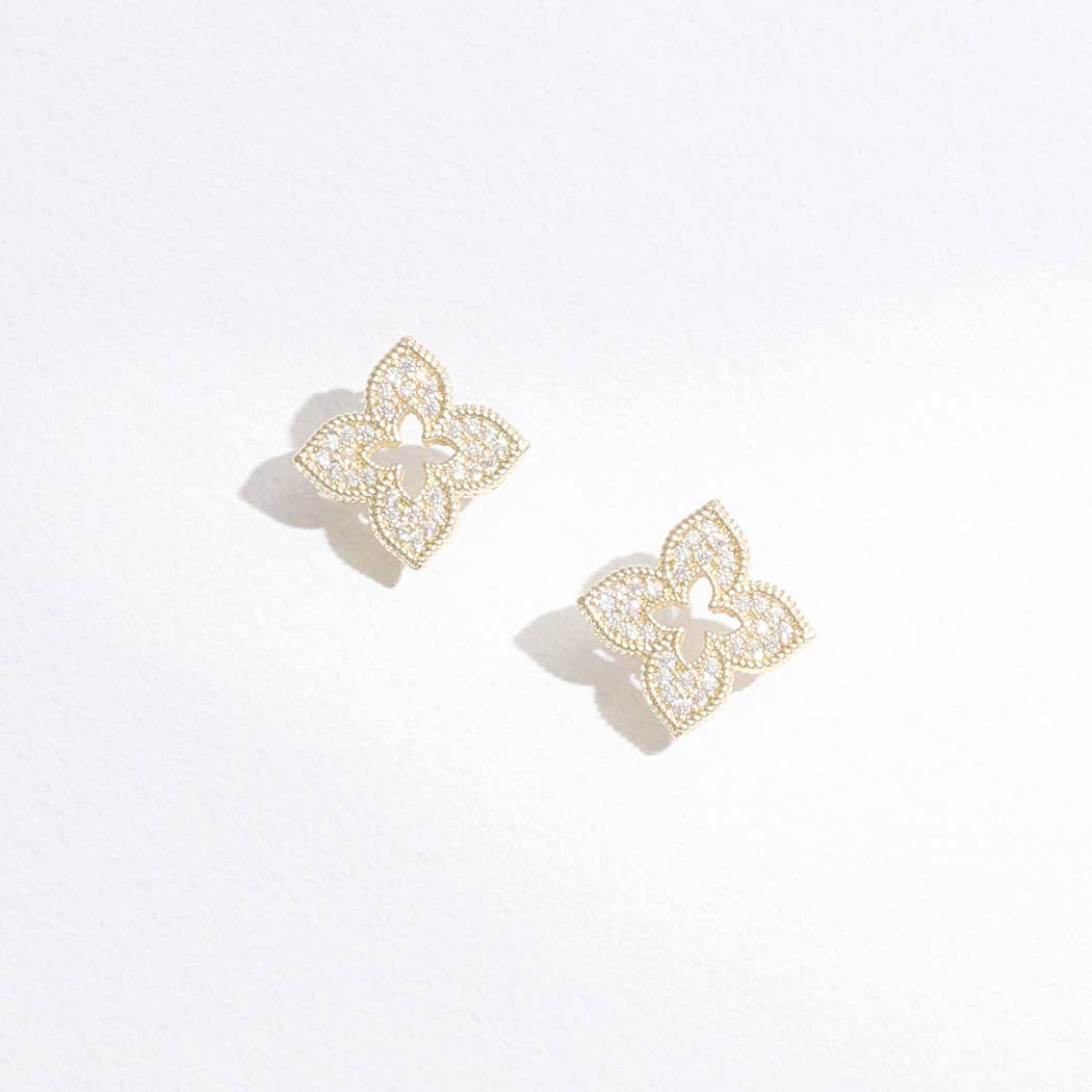 Four Leaf Floral Shape CZ Post Stud Earrings