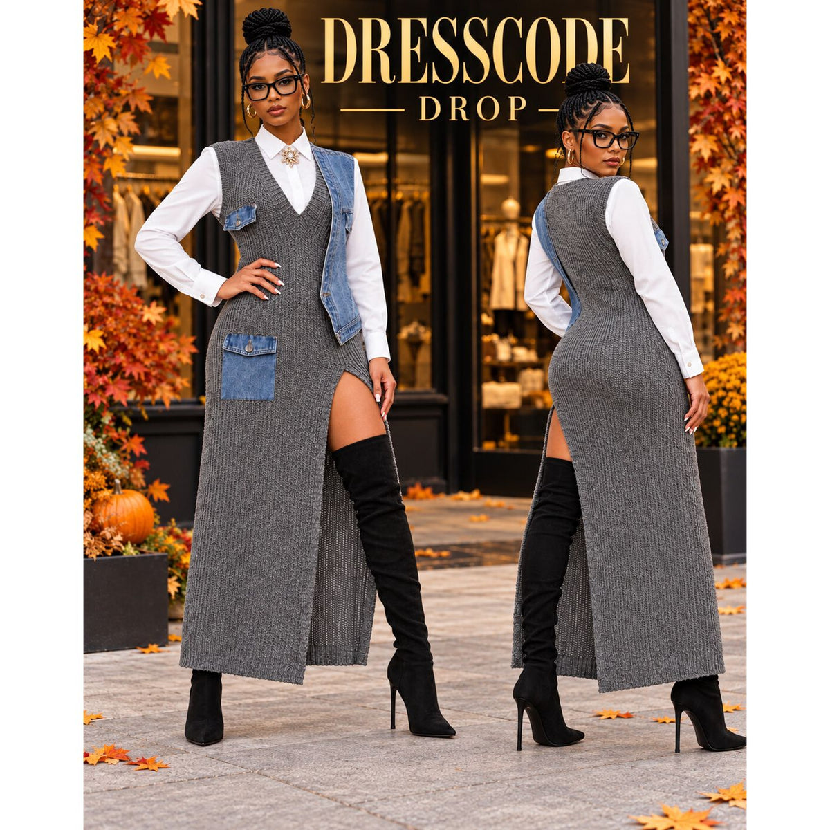 Grey Sweater Maxi Dress with Denim Patchwork & Slit